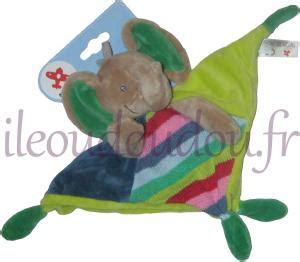 Doudou éléphant plat vert et bleu rayé Nicotoy