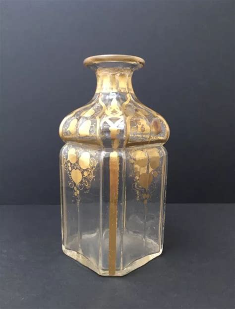 BOUTEILLE FLACON PARFUM Ancien Verre Pans Coupés Motifs Feuilles Dorées