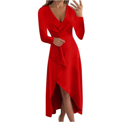 Womens Sexy V Neck Dress Solid Color Long Sleeve Asymmetrical Wrap