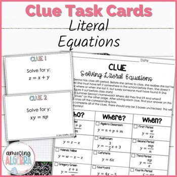 Solving Literal Equations Clue Mystery Task Cards Activity By Amusing