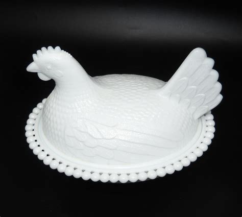 Indiana Milk Glass Hen On Nest Rare Slotted Bead Edge And Etsy