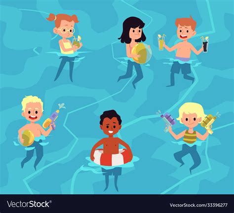 Cartoon kids at pool party swimming holding toys Vector Image