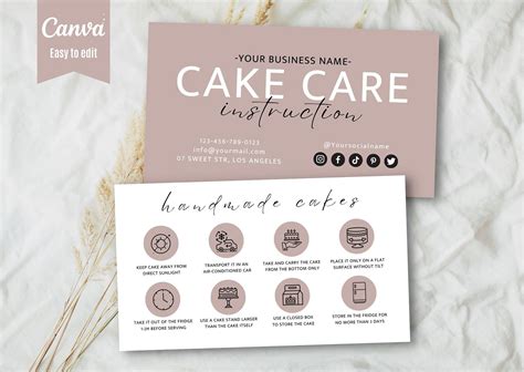 Cake Care Card Template Canva Editable Cake Care Guide Printable Boho