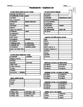 Realidades Vocabulary List Chapter A By Anna Neale Tpt