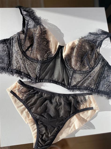 Black Lace And Nude Mesh Lingerie Set French Lace Underwear Lingerie