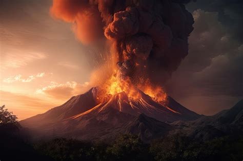 Erupción volcánica masiva un gran volcán que expulsa lava y gases a la