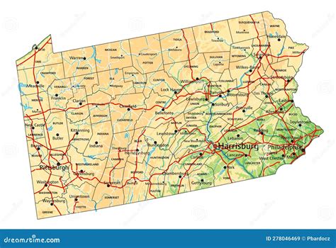 Detailed Pennsylvania Physical Map With Labeling. Cartoon Vector ...