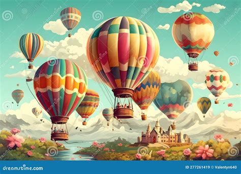 Image Of Many Hot Air Balloons Flying Over River And Castle Generative