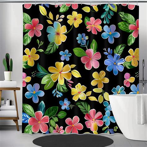 Vibrant Watercolor Floral Shower Curtain Elegant Black Background With Colorful Flowers