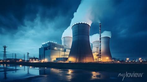 Nuclear Power Plant At Night With Chimneys And Cooling Towers Posters