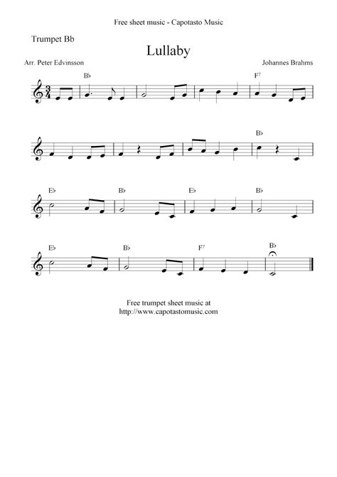 Easy Sheet Music For Beginners: Lullaby (Brahms), free trumpet sheet music notes