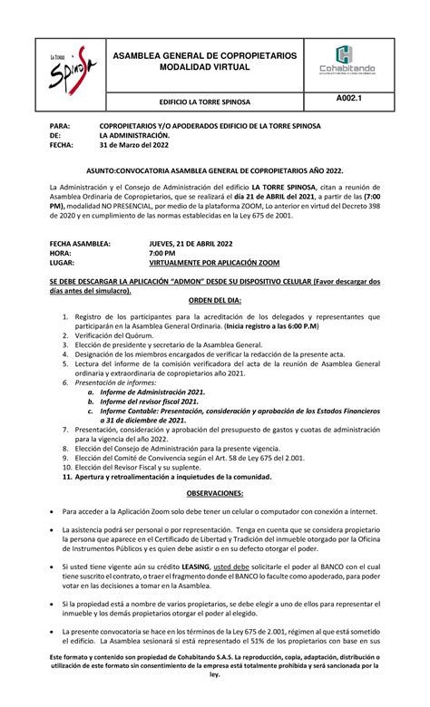 Convocatoria Asamblea GRAL Ordinaria LA Torre Spinosa 2022 Este