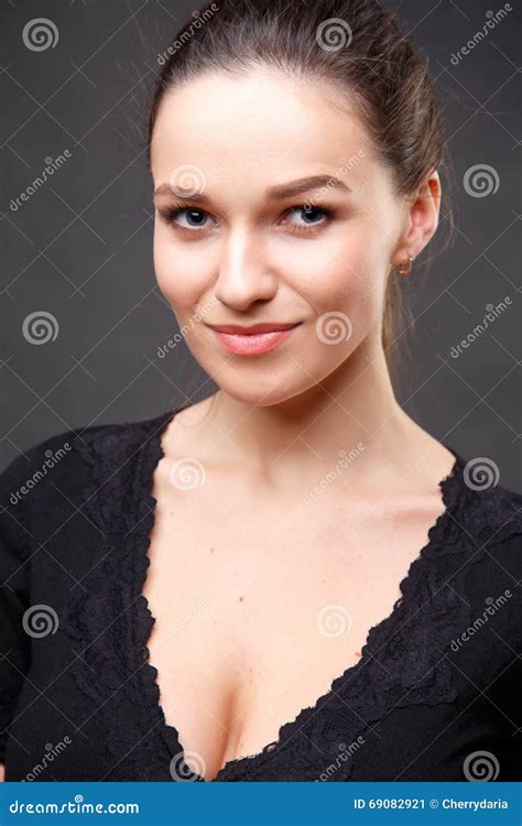 Close Up Portrait Of Elegant Brunette Woman With Nude Make Up Stock