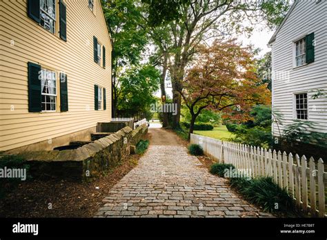 Brick alley and houses in Old Salem Historic District, in Winston-Salem ...