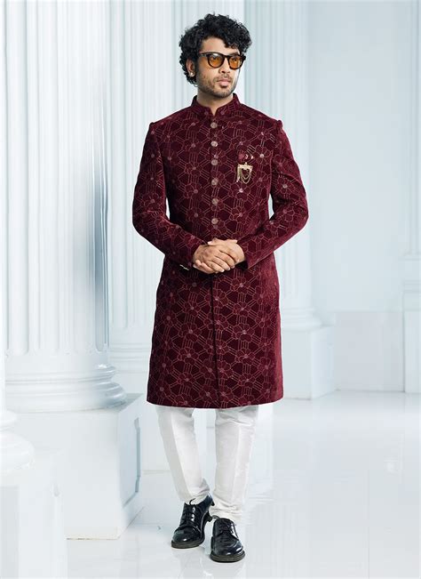 Buy Wine Velvet Thread Work Indo Western Sherwani Online