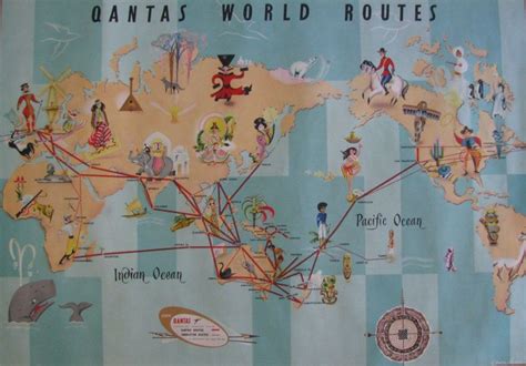 Qantas Route Map Poster - Vintage Travel Poster Design