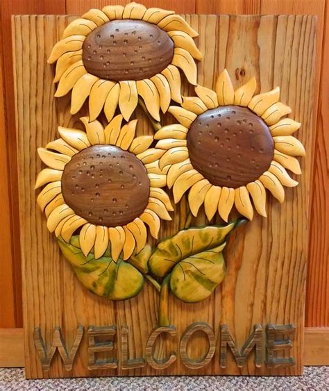 Intarsia Sunflowers Welcome Wall Plaque Intarsia Intarsia Wood Wall