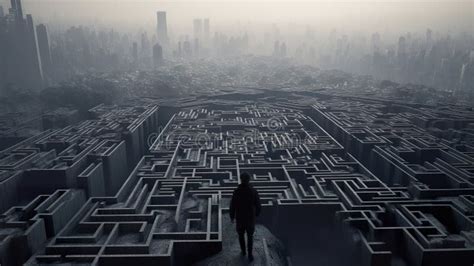 Man Walking Into Big Labyrinth Finding Solution Concept Man Walking