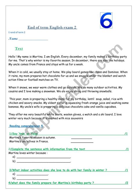 6th Form Test2 Unit 3 4 Seasons Caring ESL Worksheet By Sonito