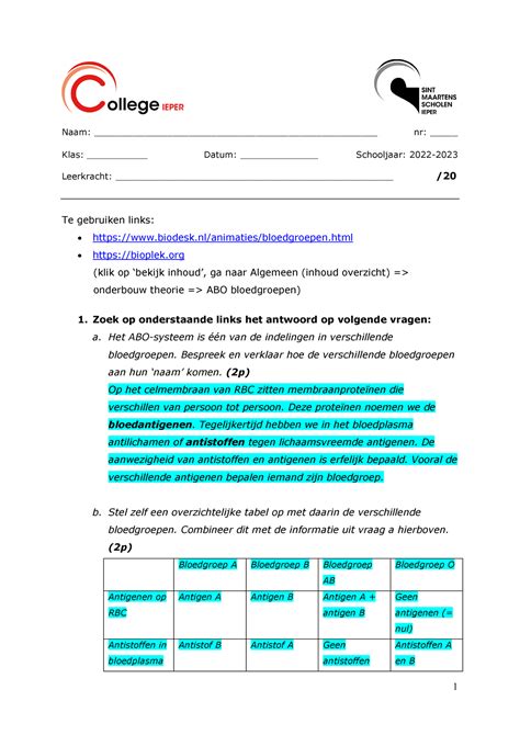 Bloedgroepbepaling Correctiesleutel Naam