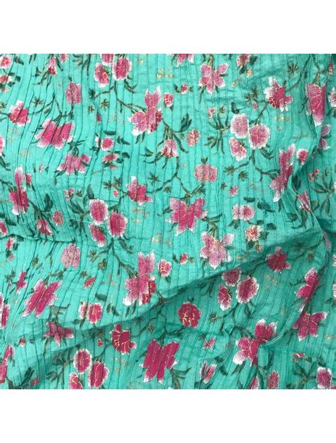 Sea Green Floral Printed Cotton Fabric With Pintucks Embroidery Saroj