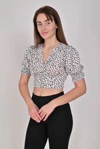 Polyester Puff Sleeve Women Polka Dot Print Crop Top White At Rs 240