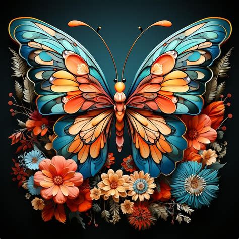 Premium Ai Image Brightly Colored Butterfly Wings Half Flowers Dark