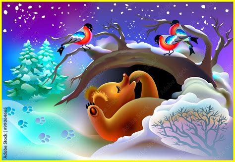 Sleeping bear in a cave during winter, vector cartoon image. Stock ...