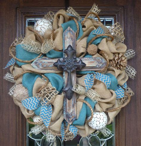 Burlap And Turquoise Wreath With A Rustic Cross By Decoglitz 13500