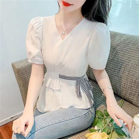 Short Sleeve White Formal Blouse For Women Plus Size V Neck Chiffon Loose Puff Sleeve Western