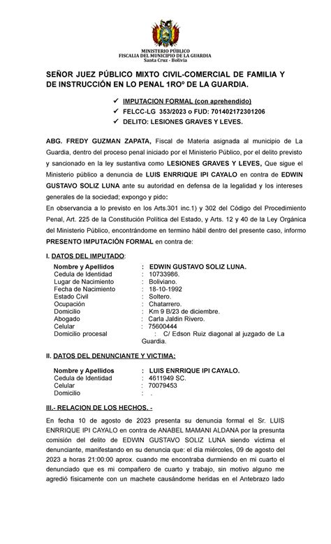 Imputacion Fiscalia Del Municipio De La Guardia Santa Cruz