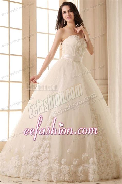 Ball Gown Sweetheart Hand Made Flowers Sweep Train Wedding Dress