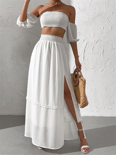 Off Shoulder Shirred Tie Back Crop Top Split Thigh Skirt Set Two