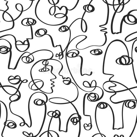 One Line Drawing Abstract Face With Shape Seamless Pattern Stock Vector