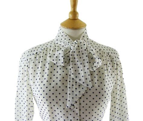 80s Pussy Bow Polka Dot Blouse 14 Blue 17 Vintage Clothing