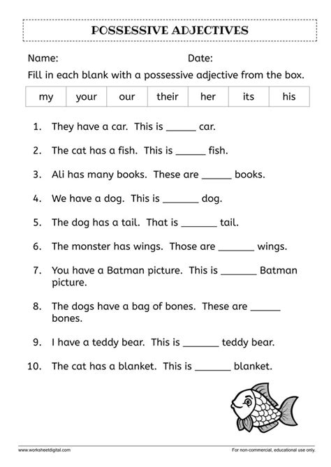 Possessive Adjectives Worksheet For Class