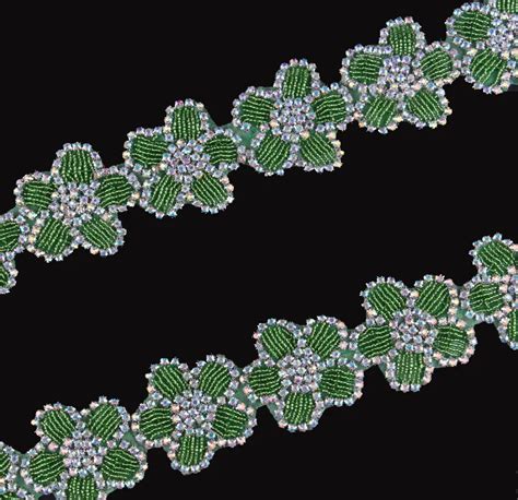 Yard Top Grade Beaded Green Rhinestone Applique Trim Sew On Flower