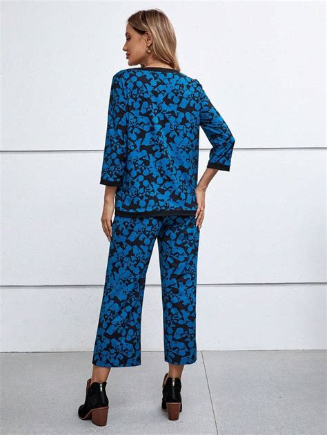 Emery Rose Allover Print Notched Neckline Top Pants Shein Usa