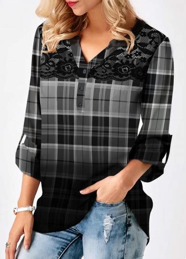 Buy Cheap Lace Panel Plaid Print Roll Tab Sleeve Blouse Xl Colby Pouk