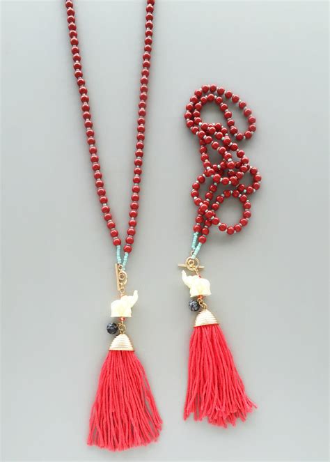 Red Beaded Elephant Tassel Necklace Inspirational Necklace Handmade Necklaces Tassel Jewelry