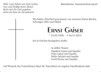 Traueranzeigen von Ernst Gaiser Schwarzwälder Bote Trauer