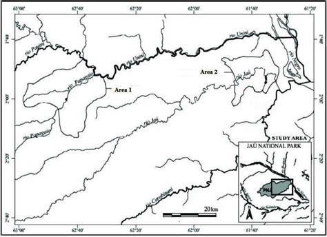 Map of of Jaú National Park (PNJ) and the two places of samples: Area 1 ...