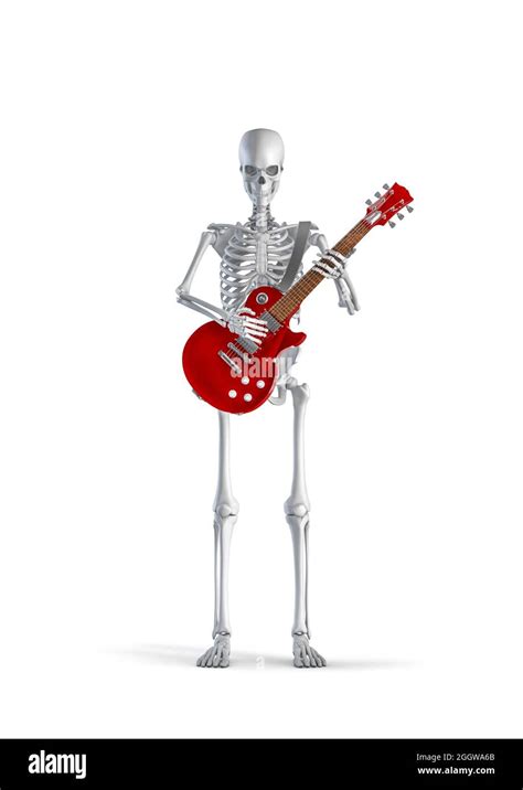 Skeleton Guitarist 3d Illustration Of Male Human Skeleton Figure Playing Red Electric Guitar