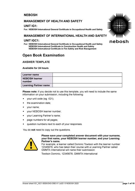 Nebosh Ig1 Paper SH Open Book Examination ANSWER TEMPLATE Available