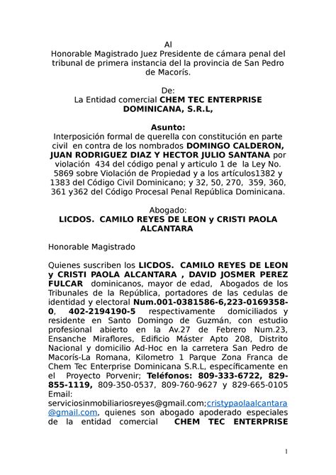 Querella Violacion Propiedad Privada Chen Tec Al Honorable Magistrado