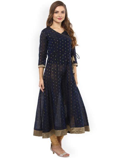 Women Navy Blue Gold Toned Printed Anarkali Kurta Zakarto