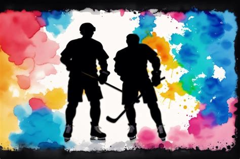 Una Colorida Pintura De Acuarela De Dos Jugadores De Hockey Con Las