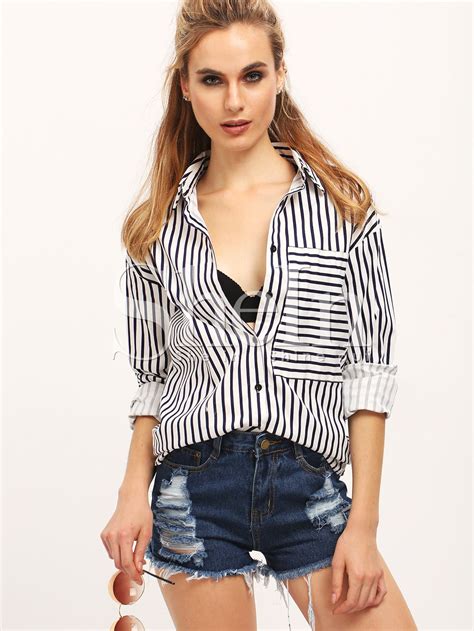 Black White Long Sleeve Striped Lapel Blouse Shein Sheinside