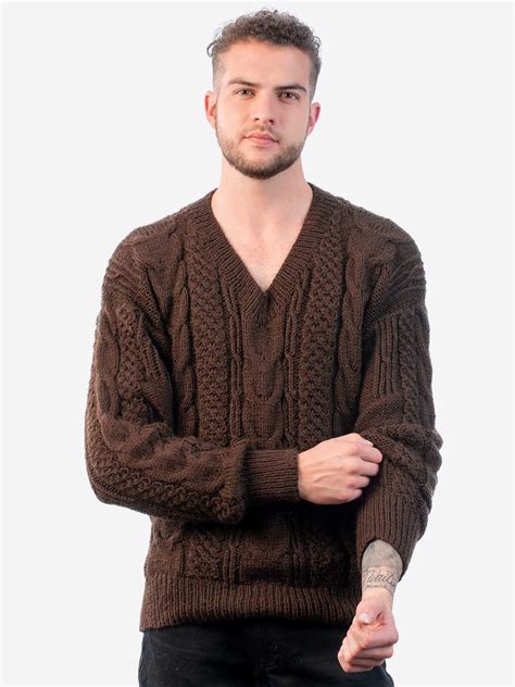 Inti Alpaca Men S Irish Fisherman Aran Sweater In Brown Alpaca Wool