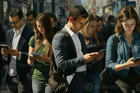 Group Of Young People Using Their Smartphones In The Street Urban